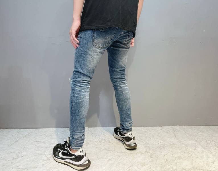 深藍 破壞 挖洞 水洗 復古色 牛仔褲 