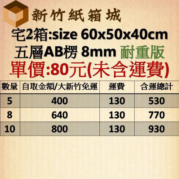 搬家專用箱，紙箱宅2箱[60X50X40CM AB楞耐重款]， 搬家專用箱，宅配專用箱 新竹紙箱,宅配紙箱,現成紙箱,定規紙箱,搬家紙箱、大紙箱、耐重紙箱、厚紙箱