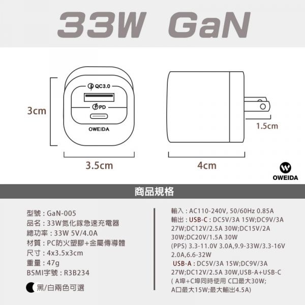 OWEIDA PD+QC3.0 33W 氮化鎵急速充電頭 Gan充電頭,氮化鎵快充,PD+QC充電頭,氮化鎵充電頭,33W快速充電頭,急速充電頭,PD快充頭,QC3.0快充頭,雙孔充電頭