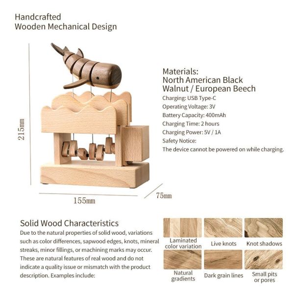 木製鯨魚動態模型 - 桌面減壓展示品（非音樂盒） 