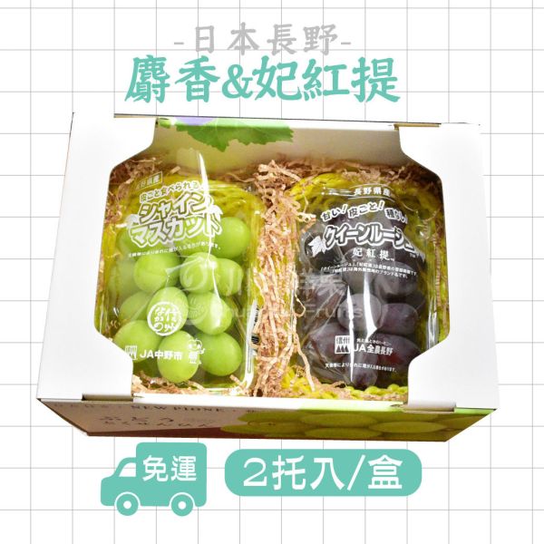 日本空運長野縣-麝香&妃紅提雙色葡萄組、2托入/盒(免運) 麝香葡萄,麝香葡萄,日本水果,進口水果,水果禮盒,送禮好物,麝香葡萄