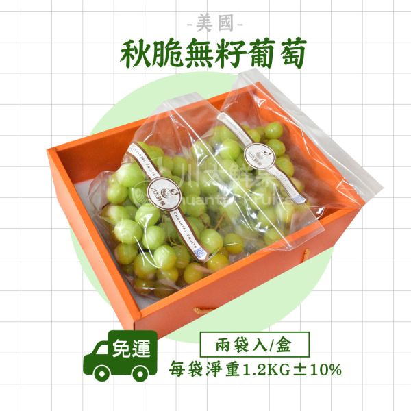美國-秋脆無籽葡萄-2袋入/盒(免運) 加州葡萄,綠無籽,脆甜,綠寶石葡萄,進口葡萄,進口水果,美國葡萄,水果禮盒,送禮,