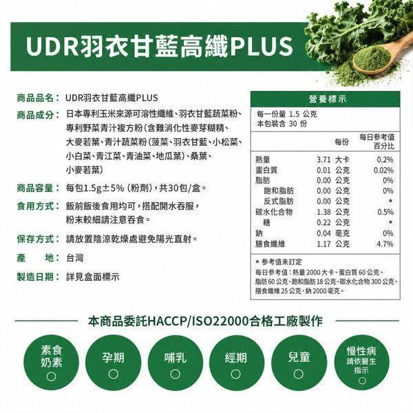 【UDR】羽衣甘藍高纖PLUS(30包/盒)x2盒｜10蔬菜青汁複方 
