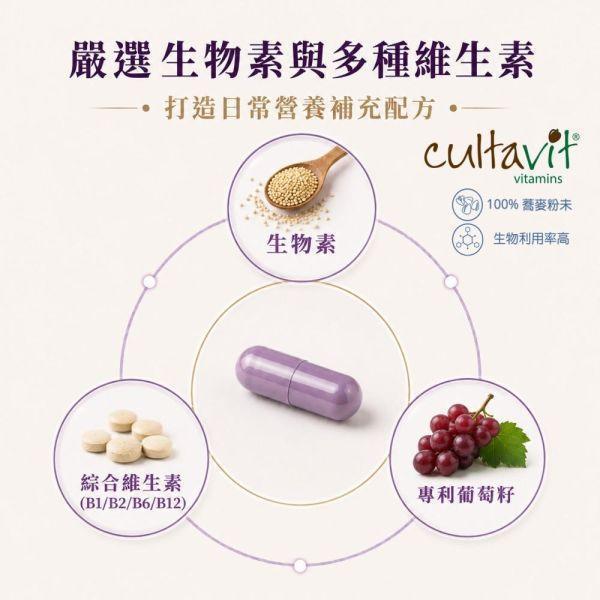 【三十晴】 Cultavit®蕎麥生物素複方膠囊(30顆/袋)x10袋｜生物素×B群×葡萄籽 生物素推薦哪一牌 
生物素一天吃多少 
生物素什麼時候吃 
生物素可以天天吃嗎 
生物素搭配B群 
生物素搭配鋅 
生物素搭配葡萄籽 
生物素保健食品推薦 
養髮營養補給推薦 
頭髮營養保健食品 
頂上營養補充 
生物素膠囊推薦 
熟齡營養補給 
男女都可以吃的生物素 
生物素餐後吃 
Cultavit 生物素 
Cultavit Biotin 
Hair Nut