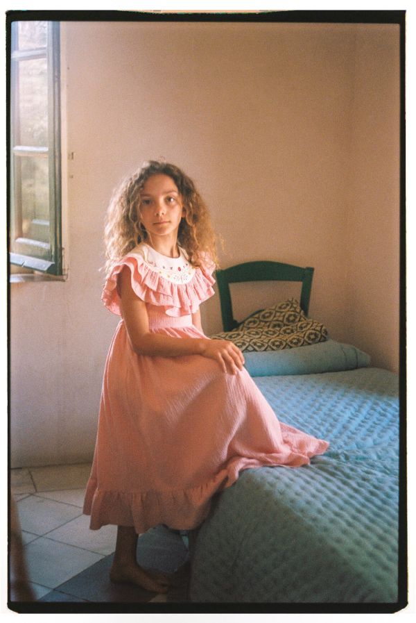 Popelin Dress with Embroidered Yoke and Frills 刺繡洋裝 - Pink 