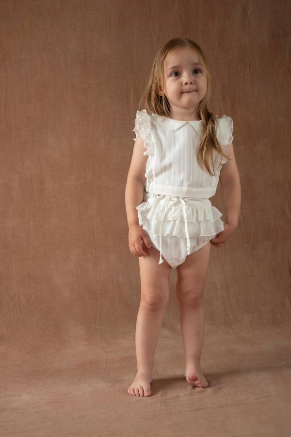 Popelin White Short top with double baby collar 荷葉袖短版上衣 