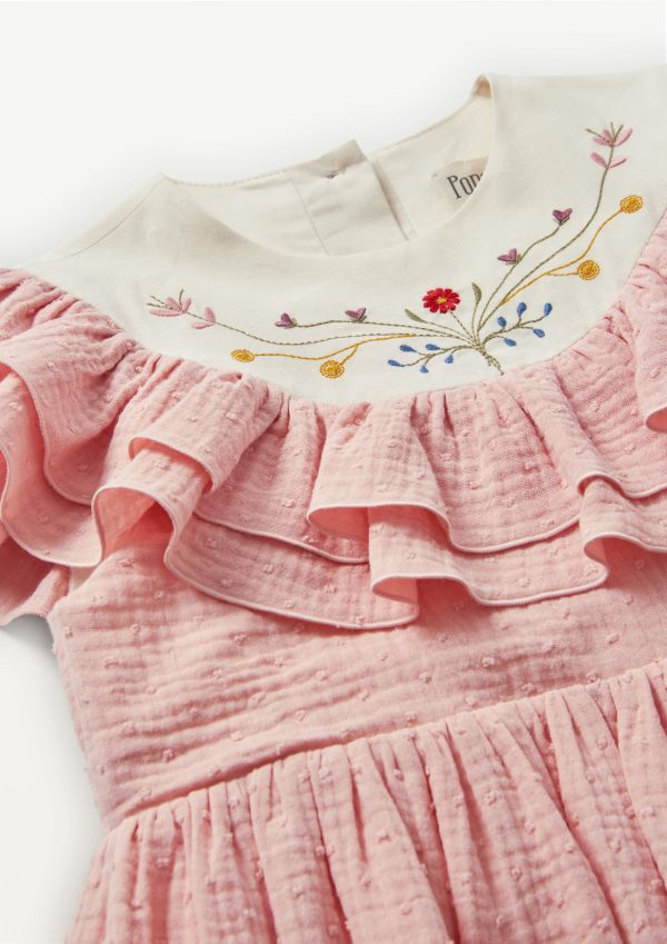 Popelin Dress with Embroidered Yoke and Frills 刺繡洋裝 - Pink 