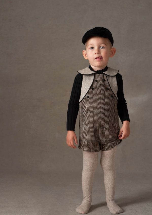 Popelin Herringbone Woollen Dungarees with Baby Collar 羊毛連身衣 - Brown 