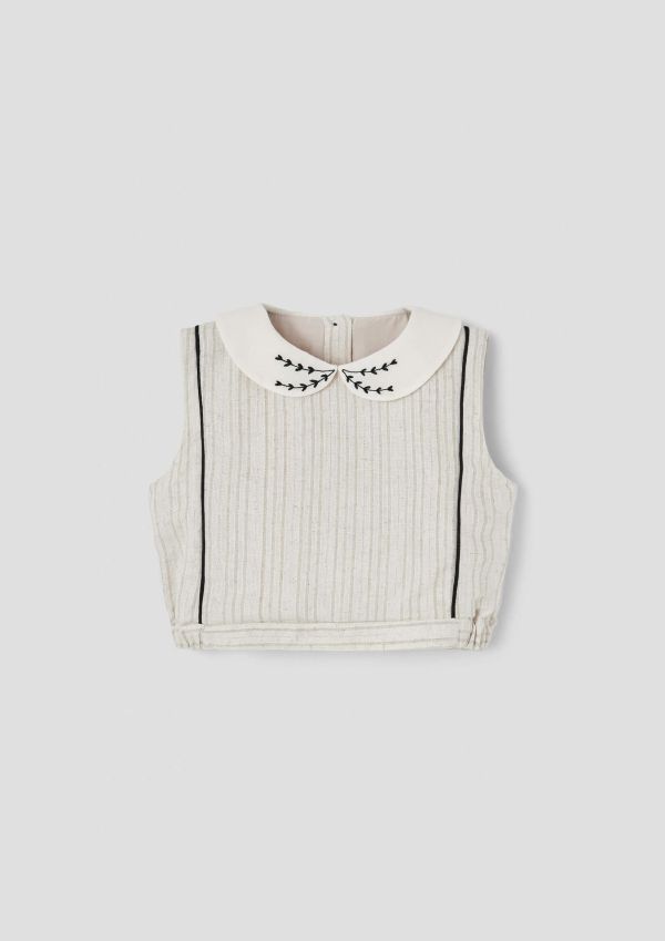 Popelin Silver Short top with double baby collar 刺繡領短版襯衫 