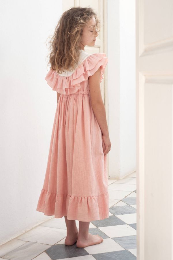 Popelin Dress with Embroidered Yoke and Frills 刺繡洋裝 - Pink 