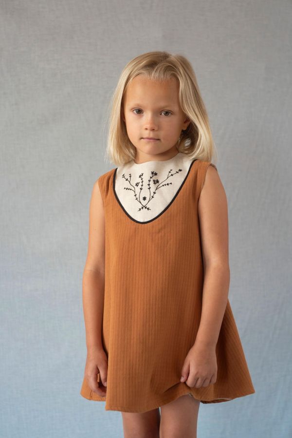 Popelin Terracotta Short Dress with Embroidered Yoke 刺繡跳色洋裝 