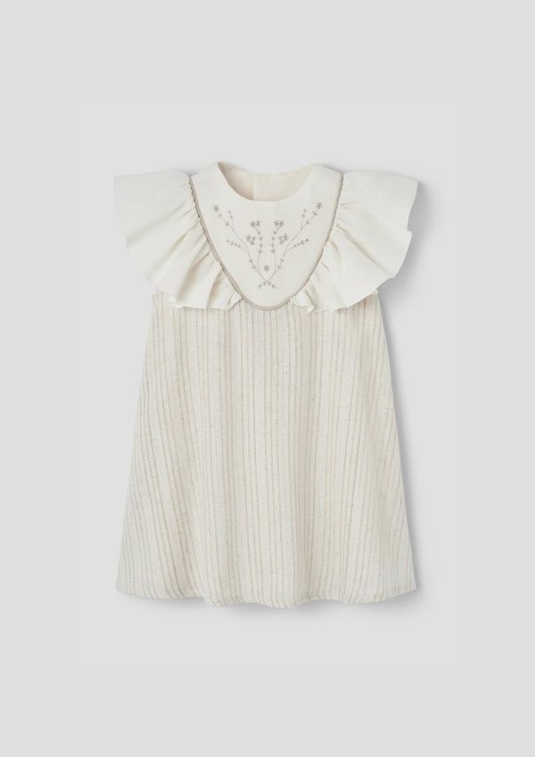 Popelin Lurex Short Dress with Embroidered Yoke 刺繡荷葉袖洋裝 