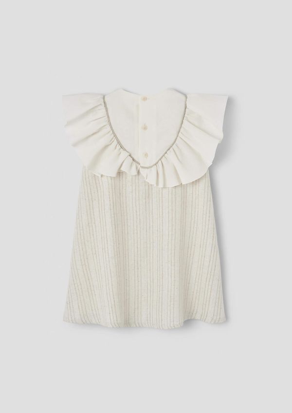 Popelin Lurex Short Dress with Embroidered Yoke 刺繡荷葉袖洋裝 