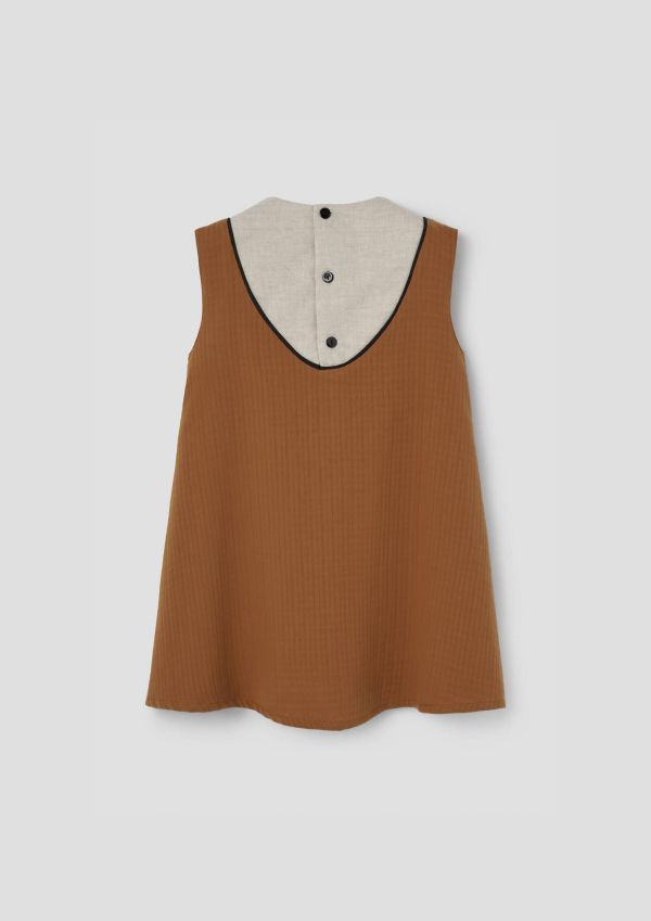 Popelin Terracotta Short Dress with Embroidered Yoke 刺繡跳色洋裝 