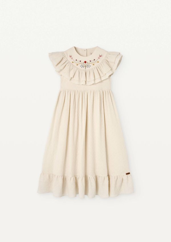 Popelin Dress with Embroidered Yoke and Frills 刺繡洋裝 - Off-white 