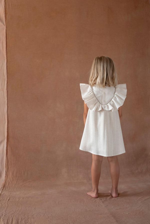 Popelin Lurex Short Dress with Embroidered Yoke 刺繡荷葉袖洋裝 