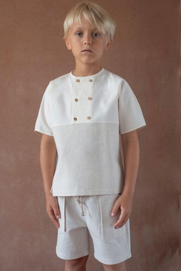 Popelin Sand Waffle Fabric Shirt with Double Breasted Buttons 華夫格短袖襯衫 