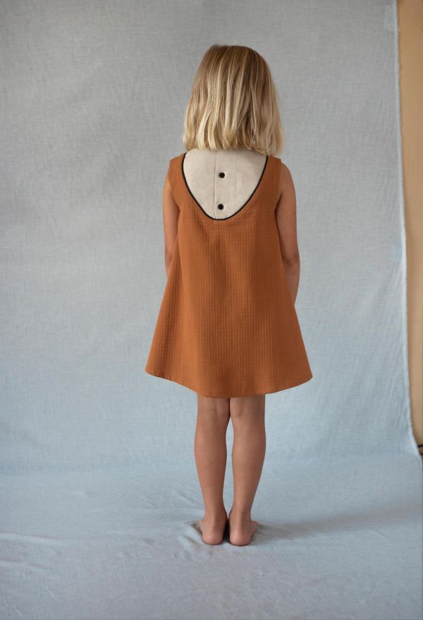 Popelin Terracotta Short Dress with Embroidered Yoke 刺繡跳色洋裝 