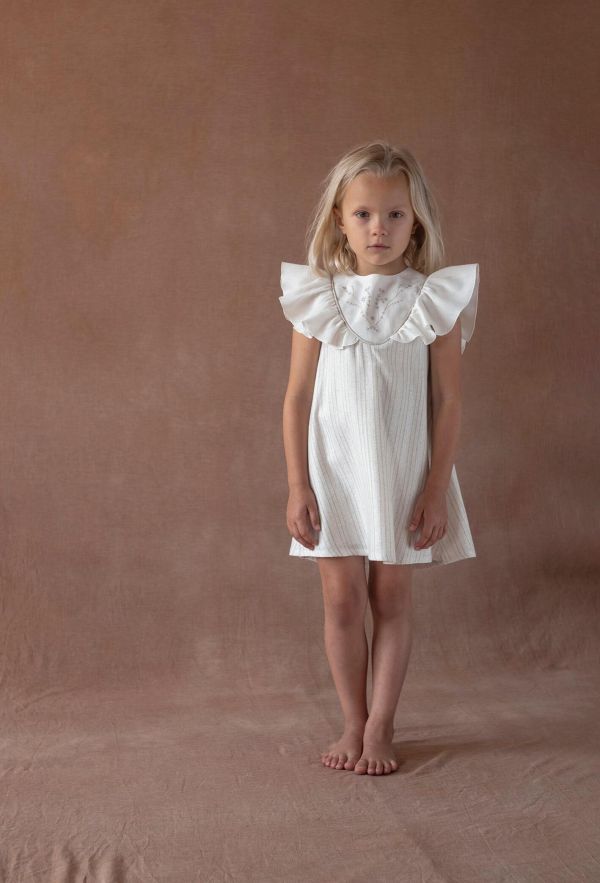 Popelin Lurex Short Dress with Embroidered Yoke 刺繡荷葉袖洋裝 