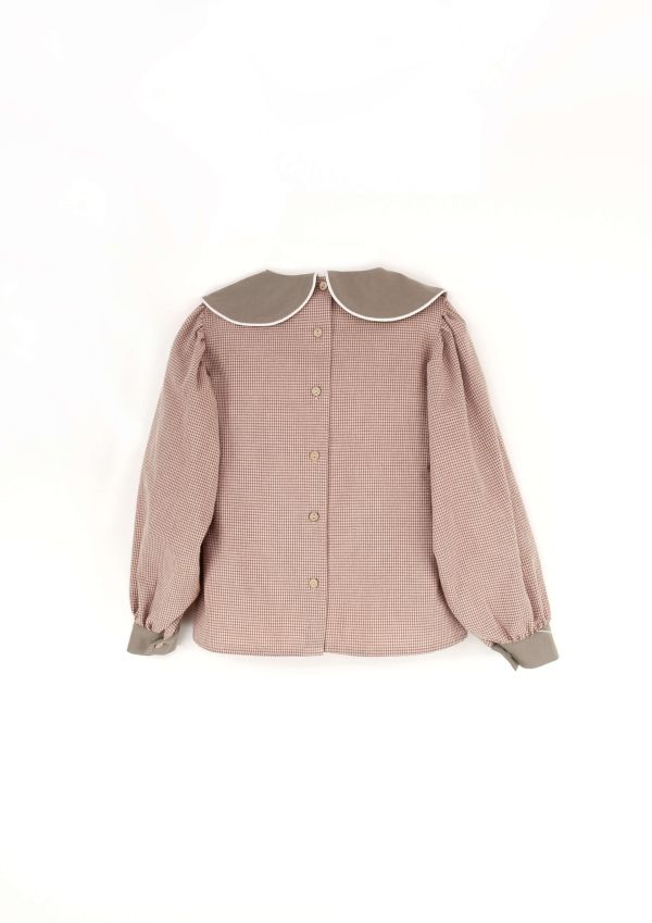 Popelin Blouse with Baby Collar 刺繡長袖上衣 - Pink Gingham 