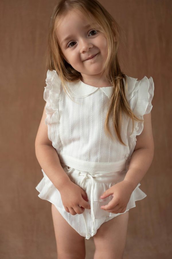 Popelin White Short top with double baby collar 荷葉袖短版上衣 