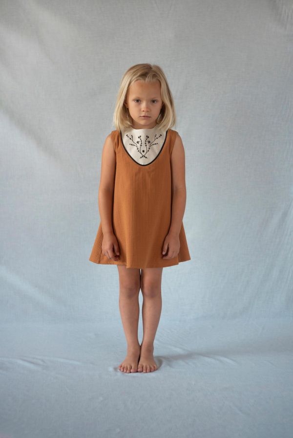 Popelin Terracotta Short Dress with Embroidered Yoke 刺繡跳色洋裝 