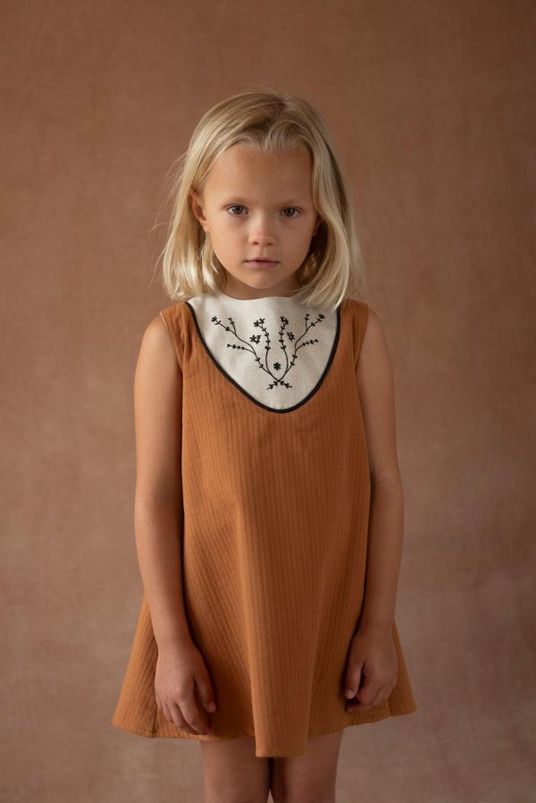 Popelin Terracotta Short Dress with Embroidered Yoke 刺繡跳色洋裝 