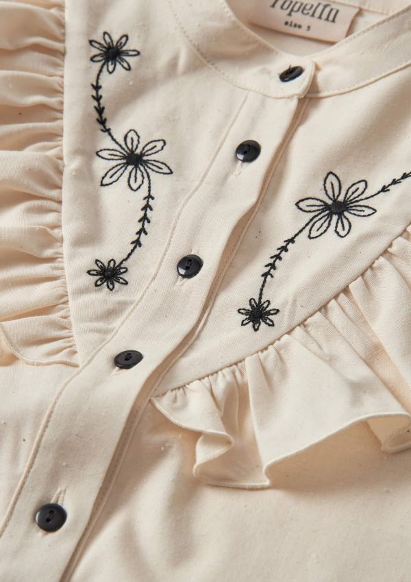 Popelin Blouse with frill and black embroidered yoke 刺繡無袖襯衫 