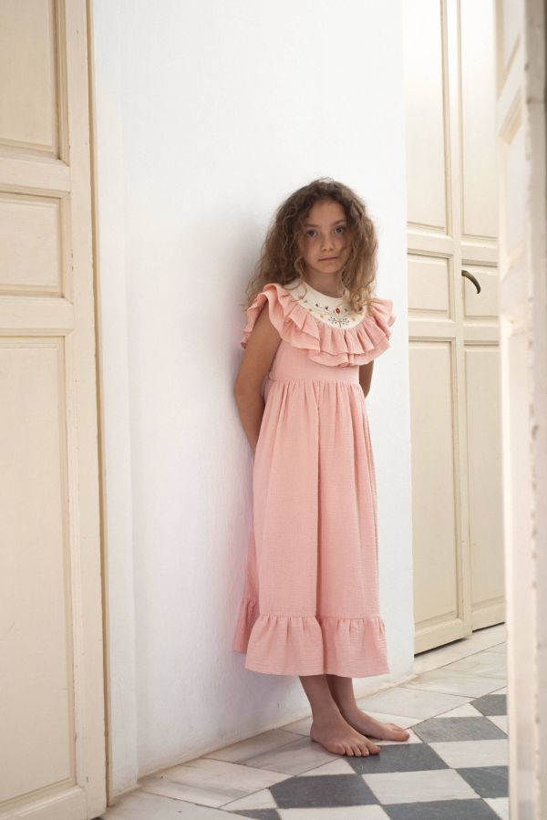 Popelin Dress with Embroidered Yoke and Frills 刺繡洋裝 - Pink 