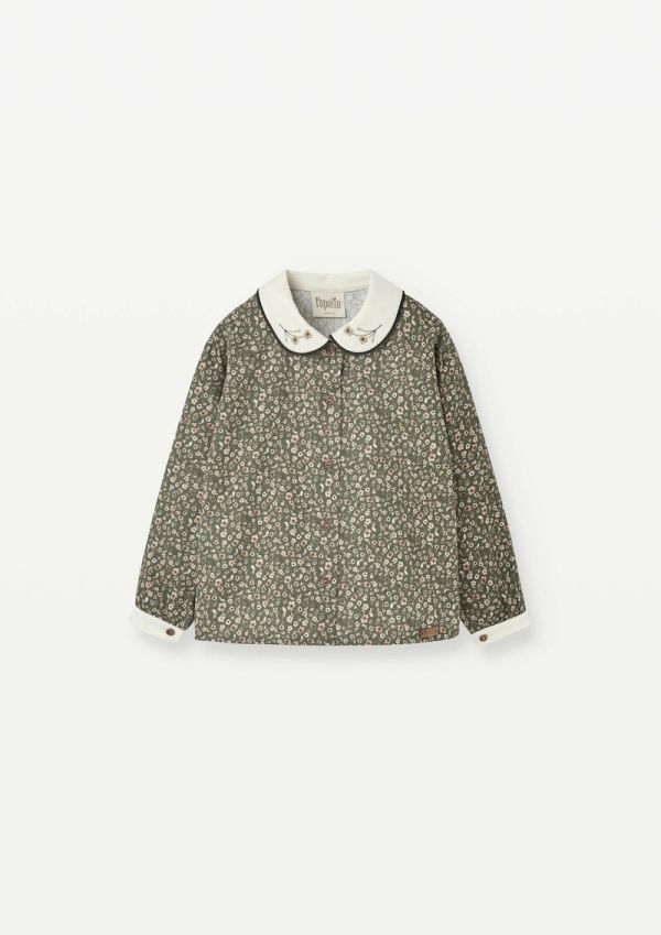 Popelin Shirt With Baby Collar and Puffed Sleeves 橄欖綠碎花襯衫 - Green Flower Print 