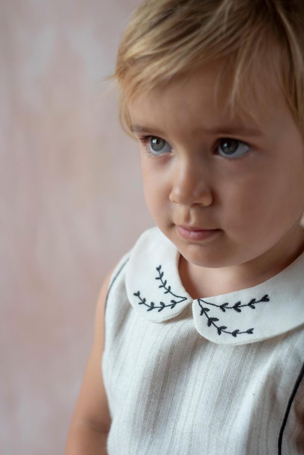 Popelin Silver Short top with double baby collar 刺繡領短版襯衫 