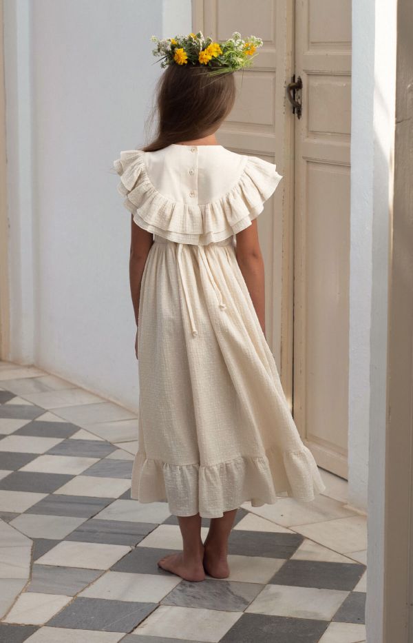 Popelin Dress with Embroidered Yoke and Frills 刺繡洋裝 - Off-white 