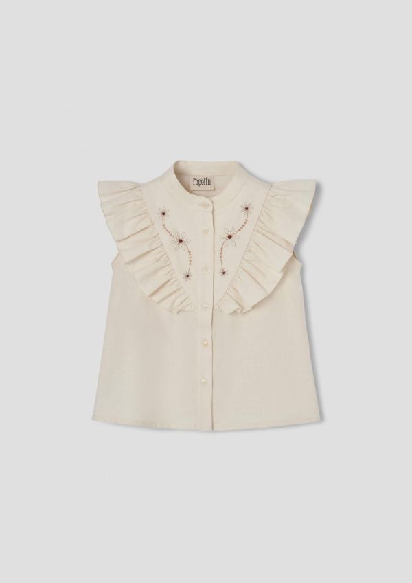 Popelin Blouse with frill and multicoloured embroidered yoke 刺繡無袖襯衫 