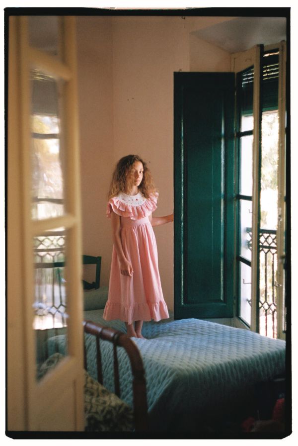Popelin Dress with Embroidered Yoke and Frills 刺繡洋裝 - Pink 