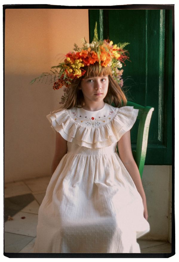 Popelin Dress with Embroidered Yoke and Frills 刺繡洋裝 - Off-white 