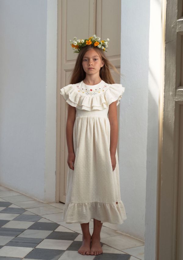Popelin Dress with Embroidered Yoke and Frills 刺繡洋裝 - Off-white 