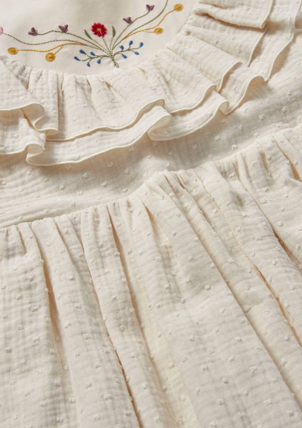 Popelin Dress with Embroidered Yoke and Frills 刺繡洋裝 - Off-white 