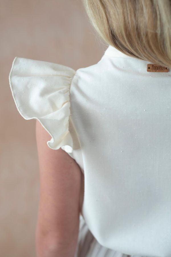 Popelin Blouse with frill and multicoloured embroidered yoke 刺繡無袖襯衫 