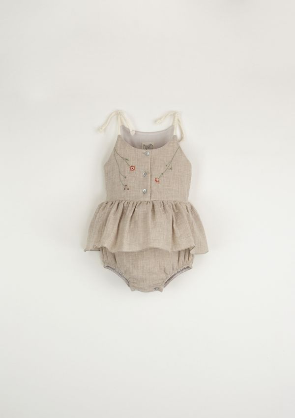 Popelin Organic Romper Suite with Straps 綁帶連身裙 - Sand 