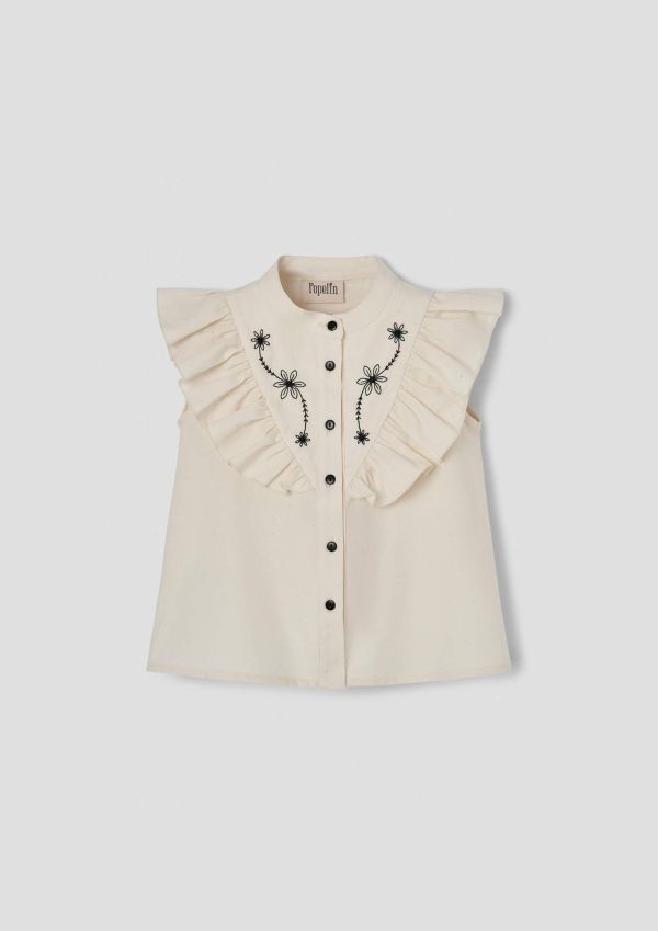 Popelin Blouse with frill and black embroidered yoke 刺繡無袖襯衫 
