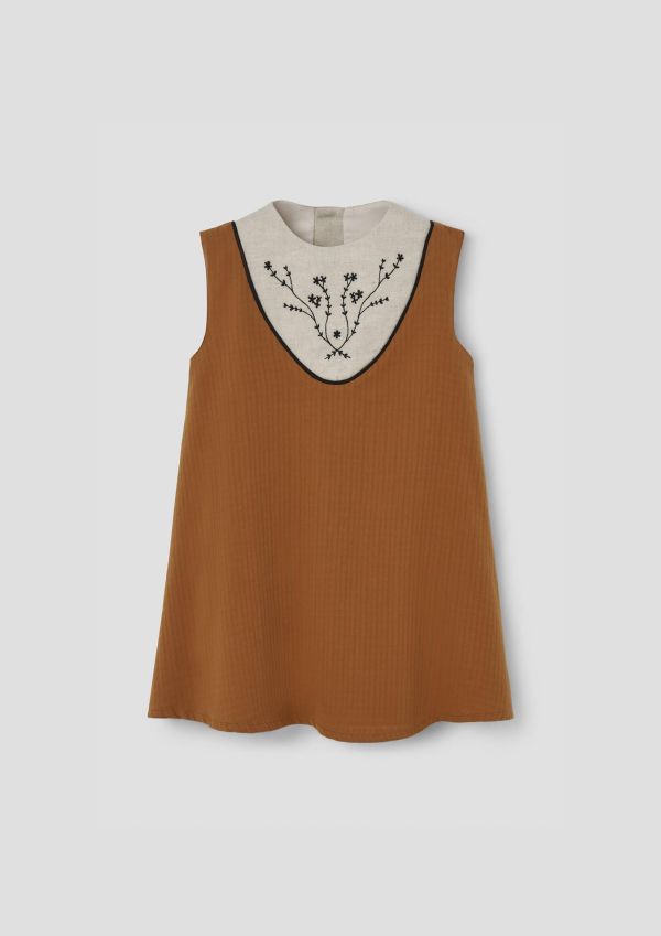 Popelin Terracotta Short Dress with Embroidered Yoke 刺繡跳色洋裝 