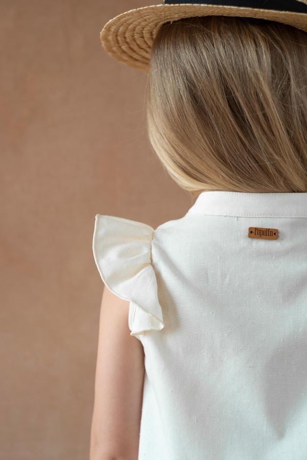 Popelin Blouse with frill and black embroidered yoke 刺繡無袖襯衫 