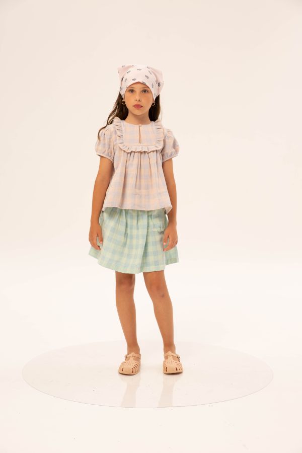 Wander and Wonder Ruffle Blouse 荷葉邊領上衣 - Hydrangea Check 