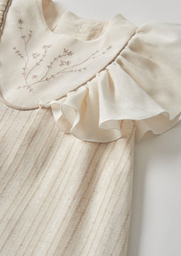 Popelin Lurex Short Dress with Embroidered Yoke 刺繡荷葉袖洋裝 