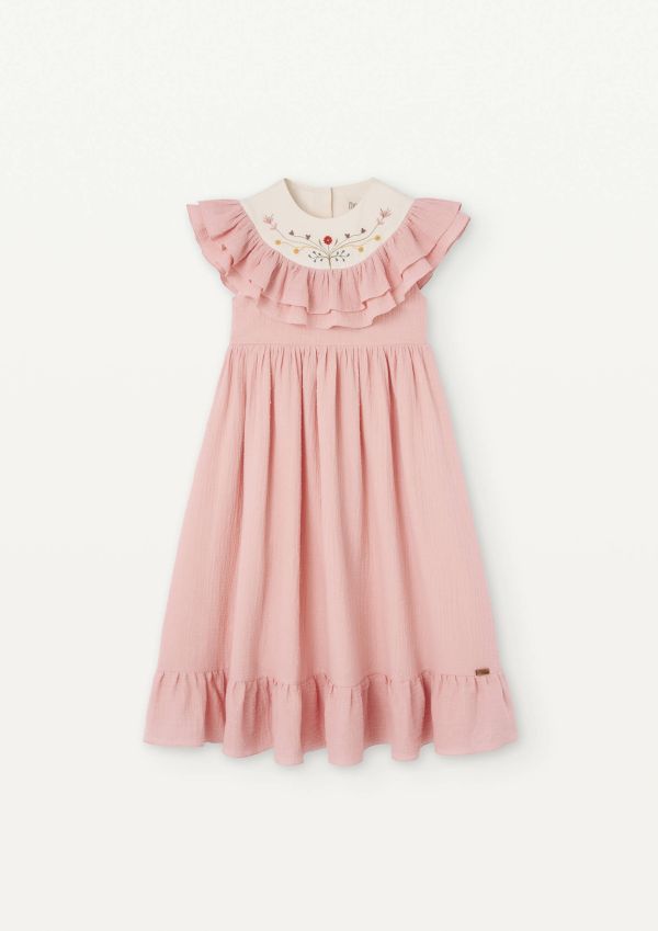 Popelin Dress with Embroidered Yoke and Frills 刺繡洋裝 - Pink 