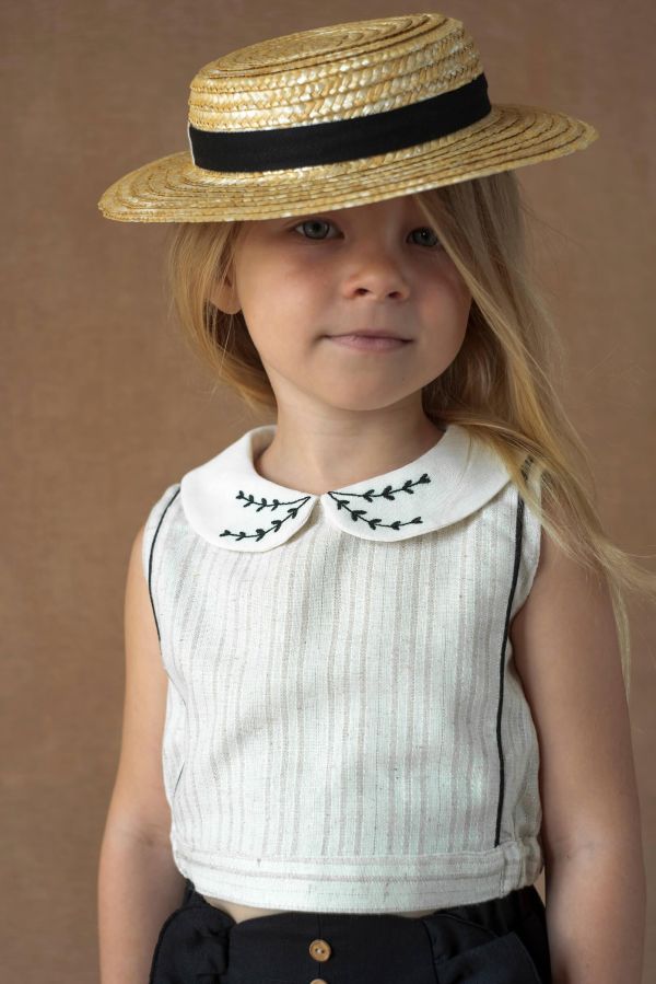 Popelin Silver Short top with double baby collar 刺繡領短版襯衫 