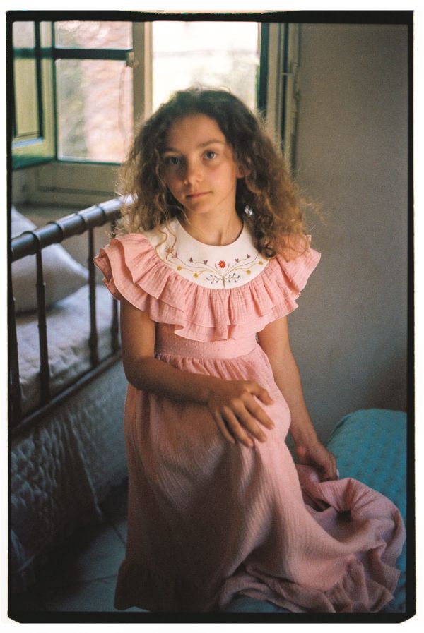 Popelin Dress with Embroidered Yoke and Frills 刺繡洋裝 - Pink 