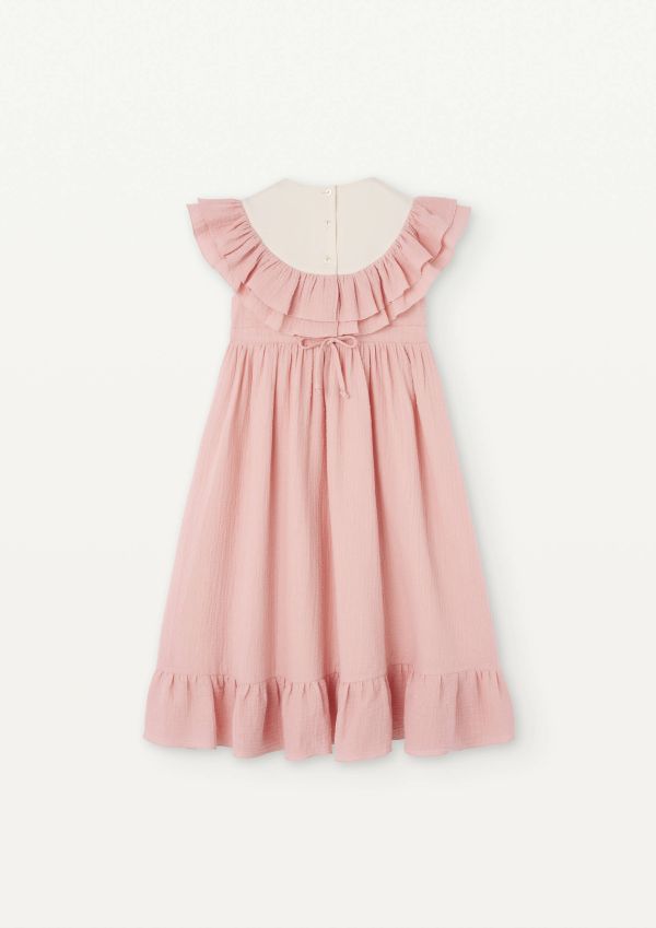 Popelin Dress with Embroidered Yoke and Frills 刺繡洋裝 - Pink 