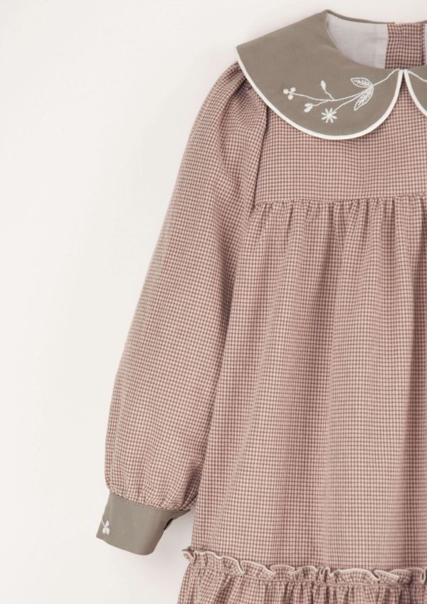 Popelin Dress with Embroidered Collar 刺繡洋裝 - Pink Gingham 